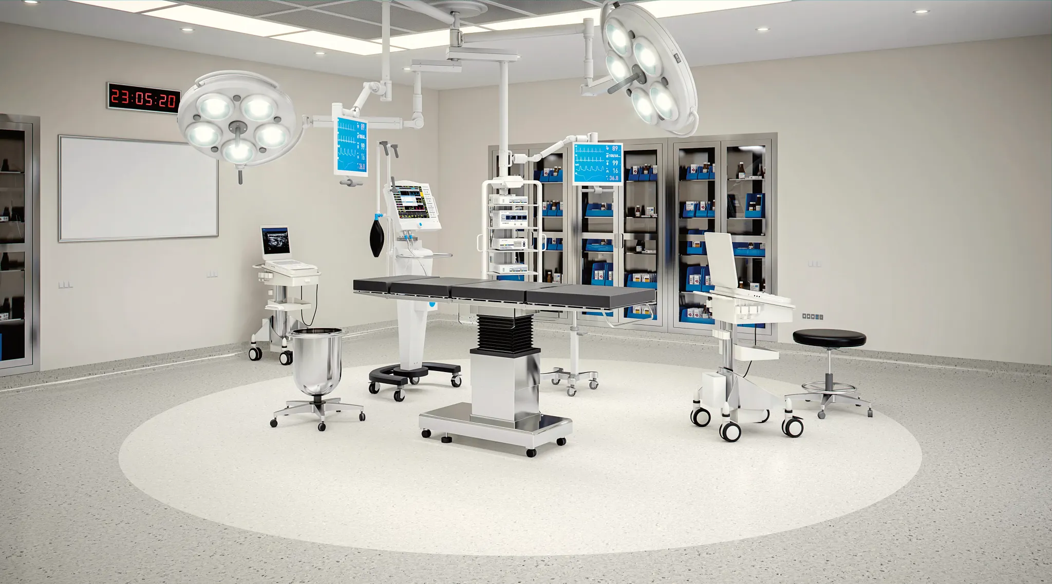 Modern healthcare facility with commercial homogeneous sheet vinyl flooring in a surgical room setting