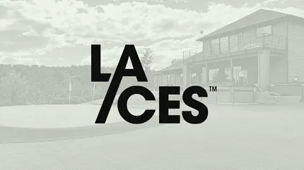 Stylish Laces branding with architectural backdrop Laces logo with modern building in background