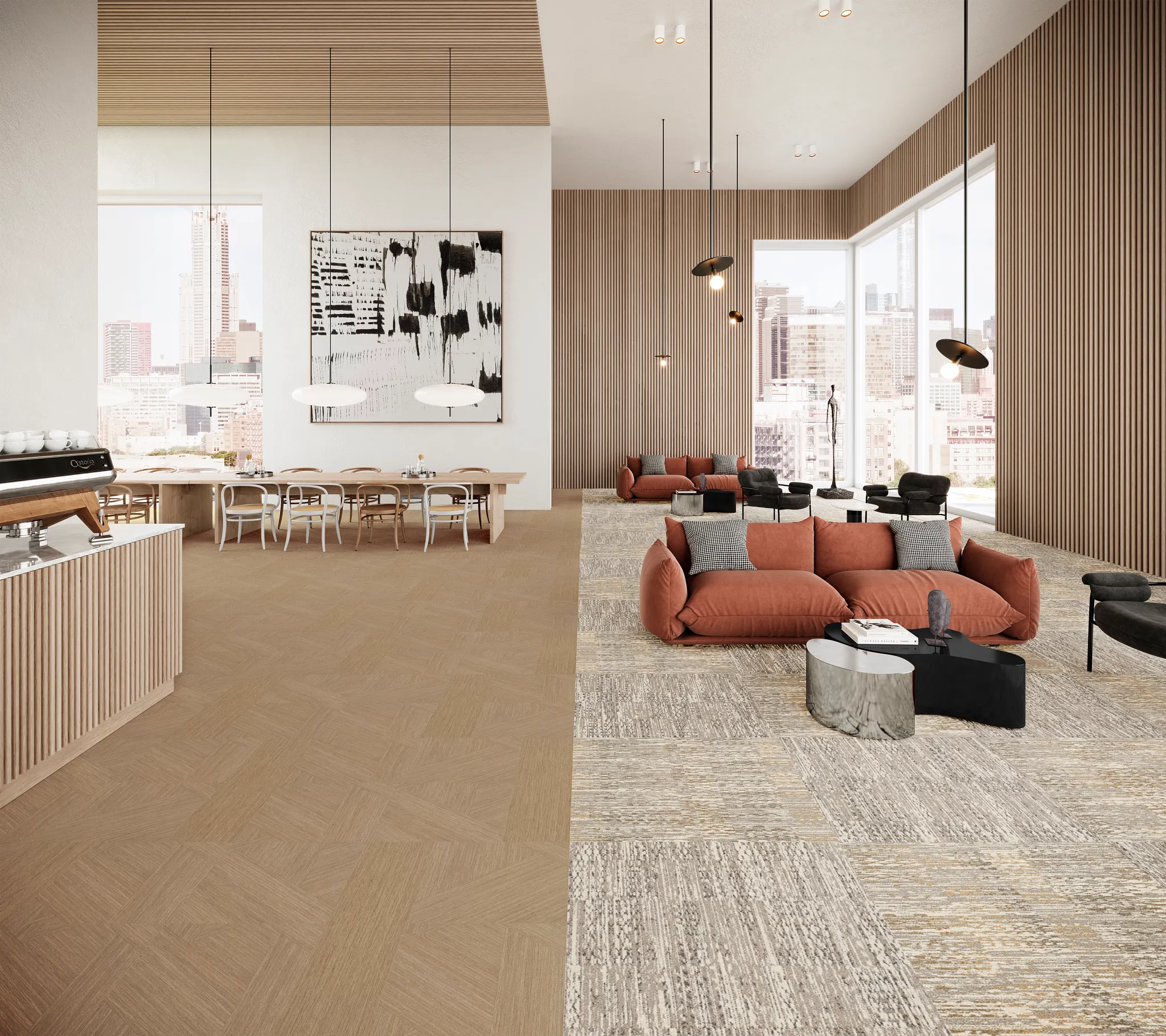 Modern lounge and dining area with city view featuring beige and gray commercial carpet tiles