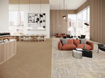 Contemporary commercial carpet tiles in a stylish lounge and dining setting with cityscape views Modern lounge and dining area with city view featuring beige and gray commercial carpet tiles