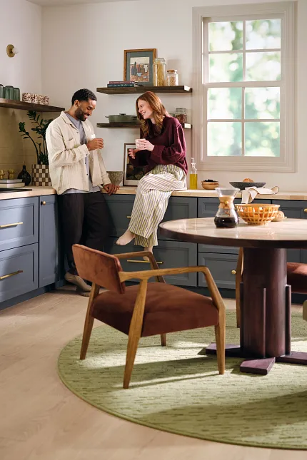 Synthetic Carpet in Modern Kitchen Setting Modern kitchen scene with synthetic carpet in light green