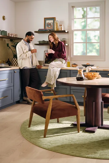 Synthetic Carpet in Modern Kitchen Setting Modern kitchen scene with synthetic carpet in light green