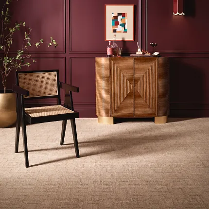 Premium Broadloom Carpet 12 ft Width in Stylish Office Room Elegant beige broadloom carpet in a luxurious room with geometric pattern