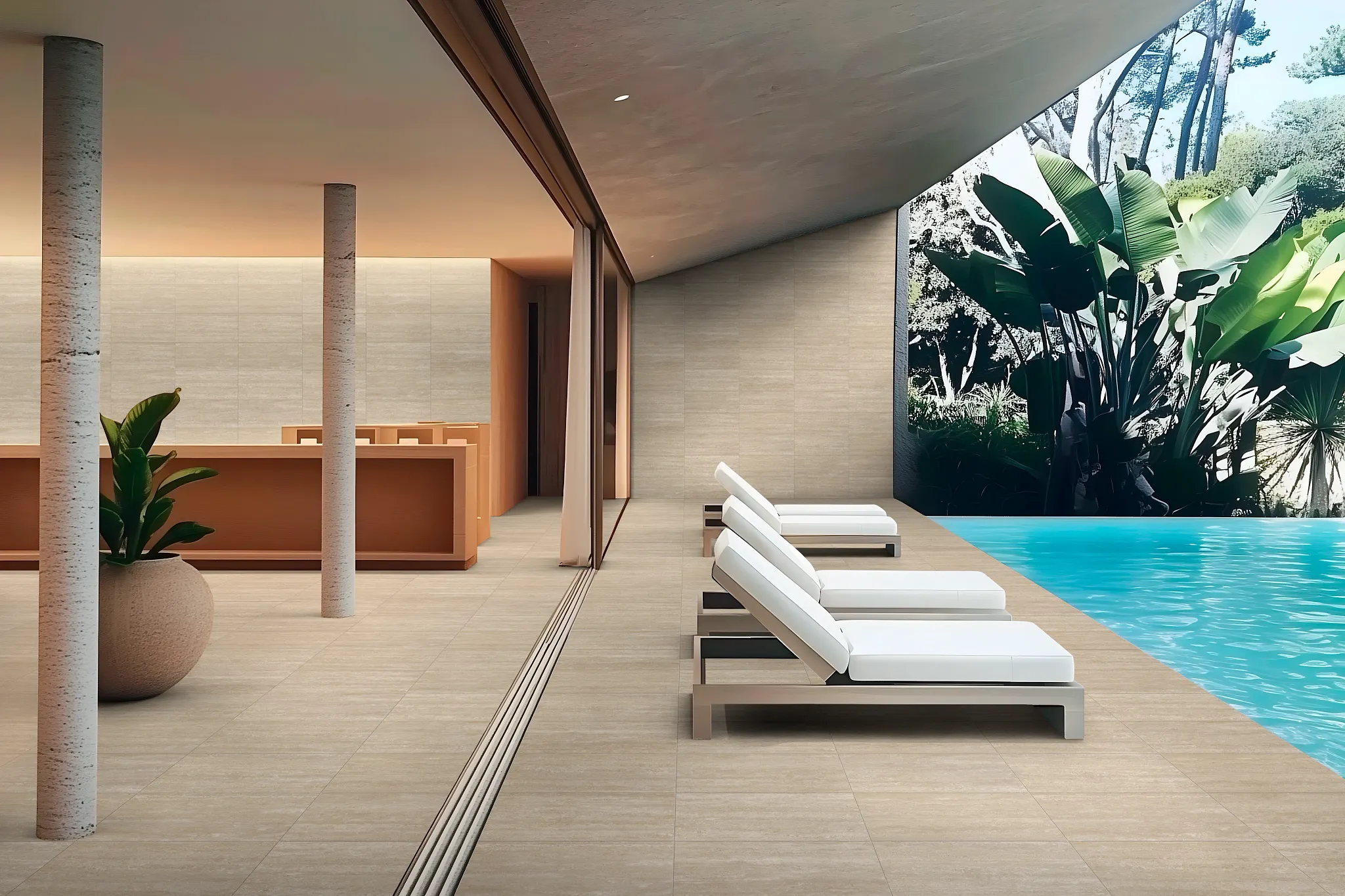 Resting space with wood visual tile, trees, and pool.