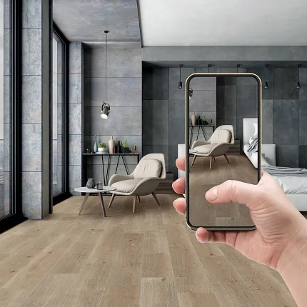 Wood Look Luxury Vinyl Plank Flooring in Modern Bedroom Scene Modern bedroom with wood look luxury vinyl plank flooring and a smartphone capturing the scene
