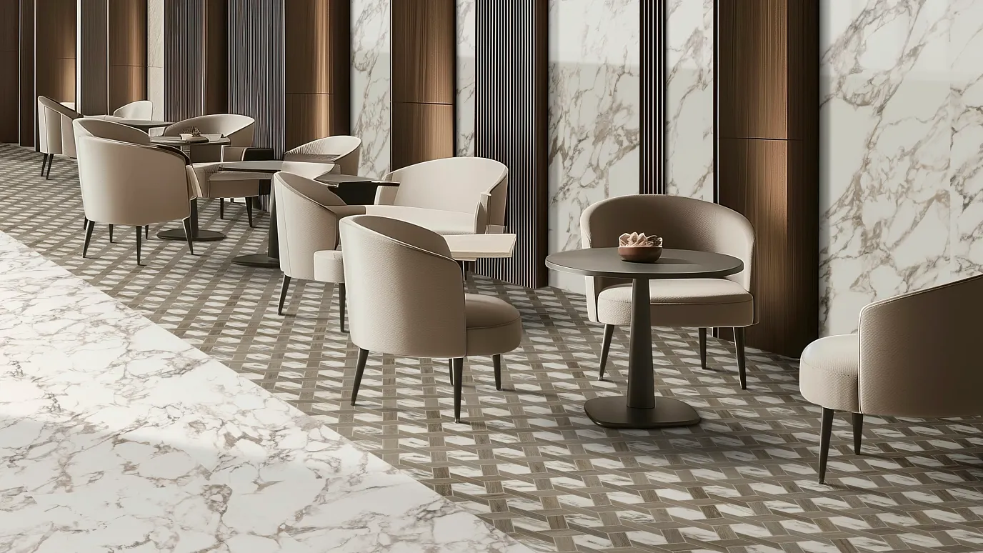 Seating area with porcelain tiles