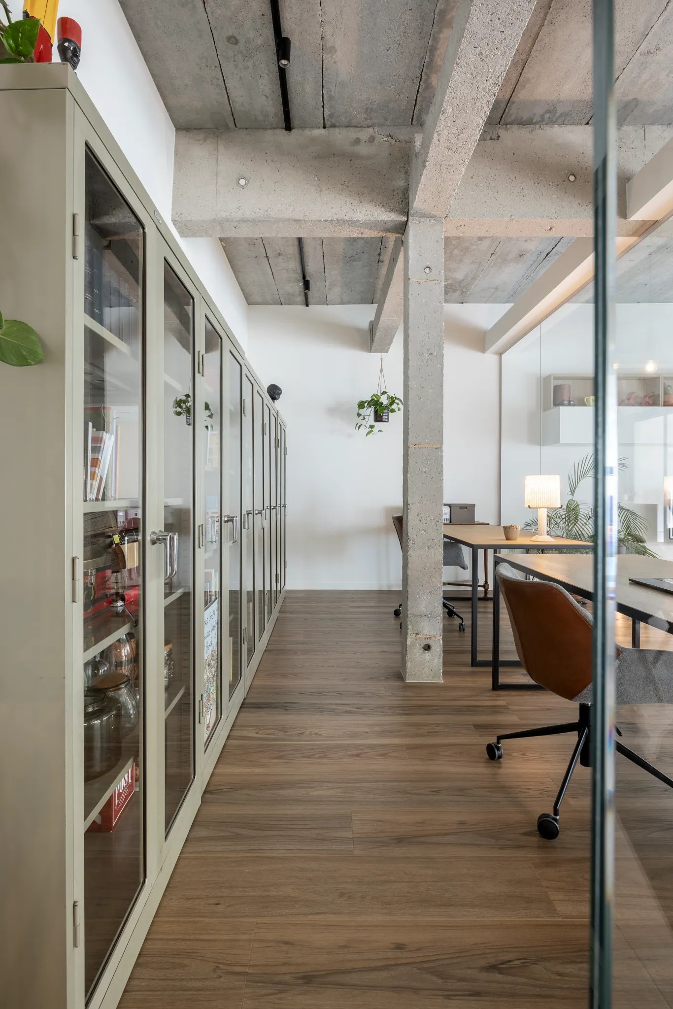 Wood oak look luxury vinyl plank floor shade dark brown in industrial home