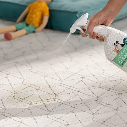 Easy-to-clean patterned carpet for everyday comfort and durability Hand spraying carpet cleaner on patterned carpet with geometric design