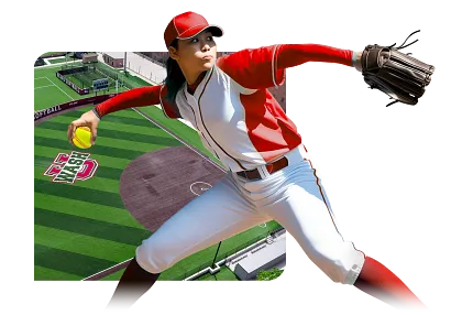 Artificial Turf Baseball Field with Softball Player in Action Female softball player in red and white uniform pitching on artificial turf baseball field