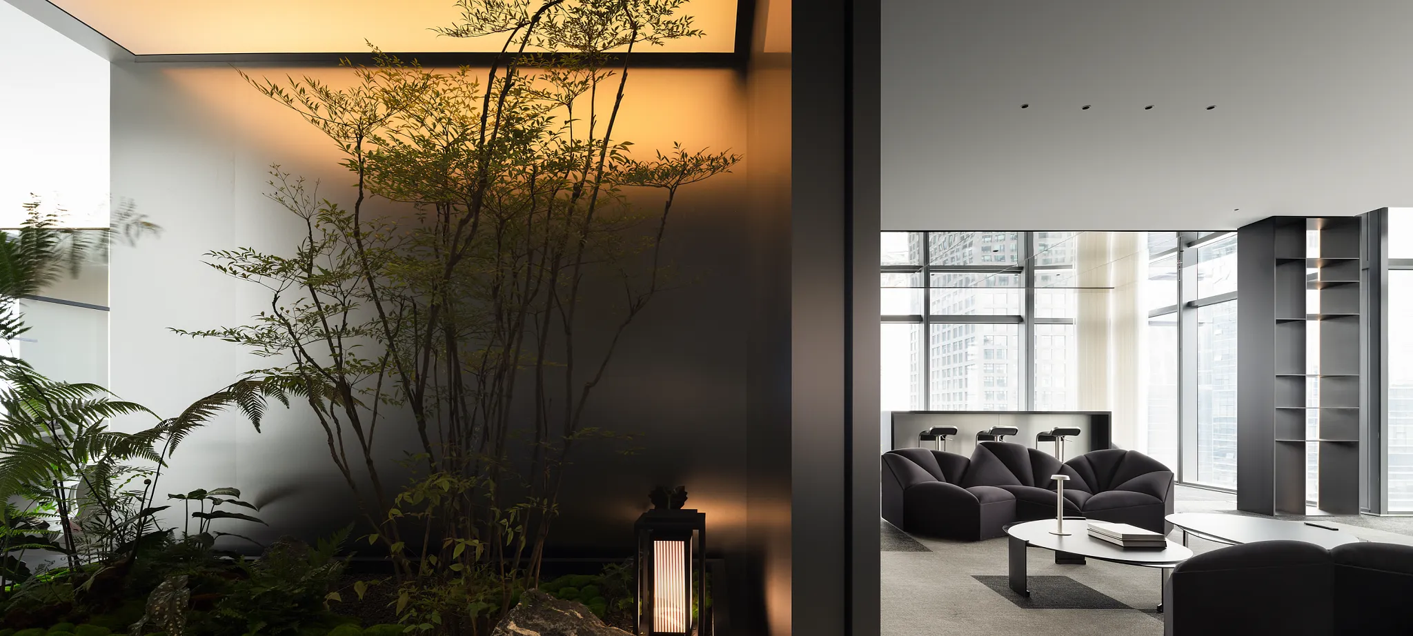 Modern office lounge with large windows and indoor garden