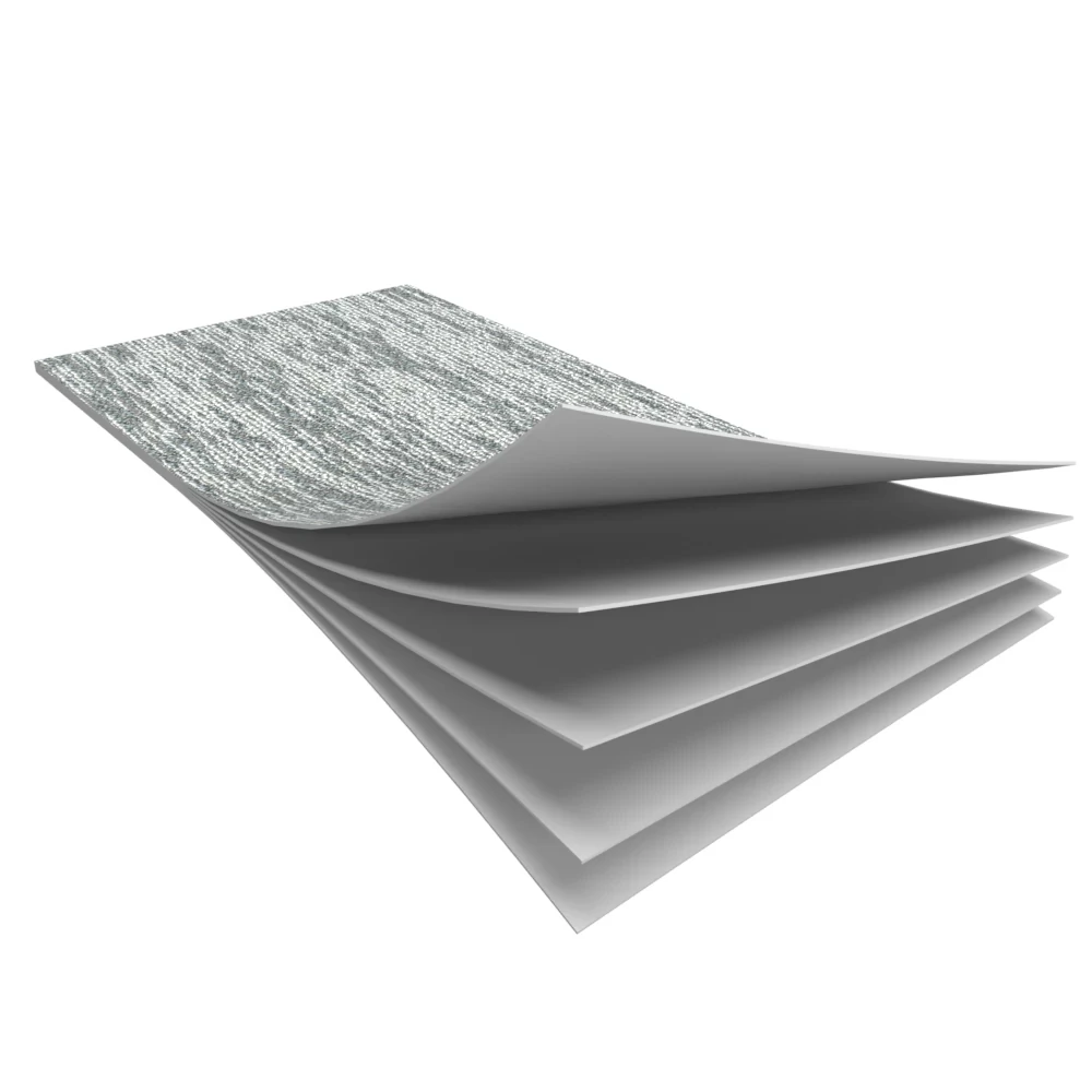 Commercial LVT flooring swatch in light gray with layered construction