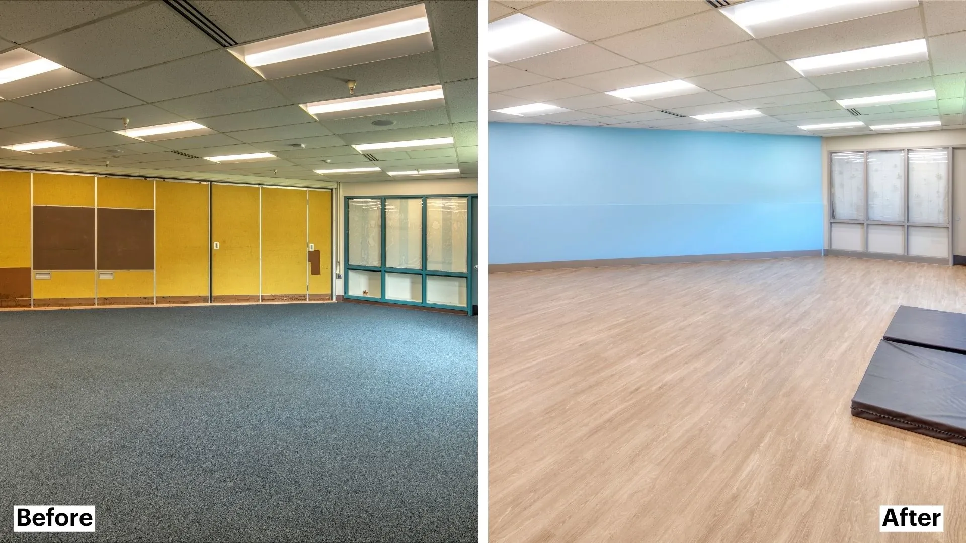 Before and after room transformation with heavy commercial luxury vinyl tile flooring