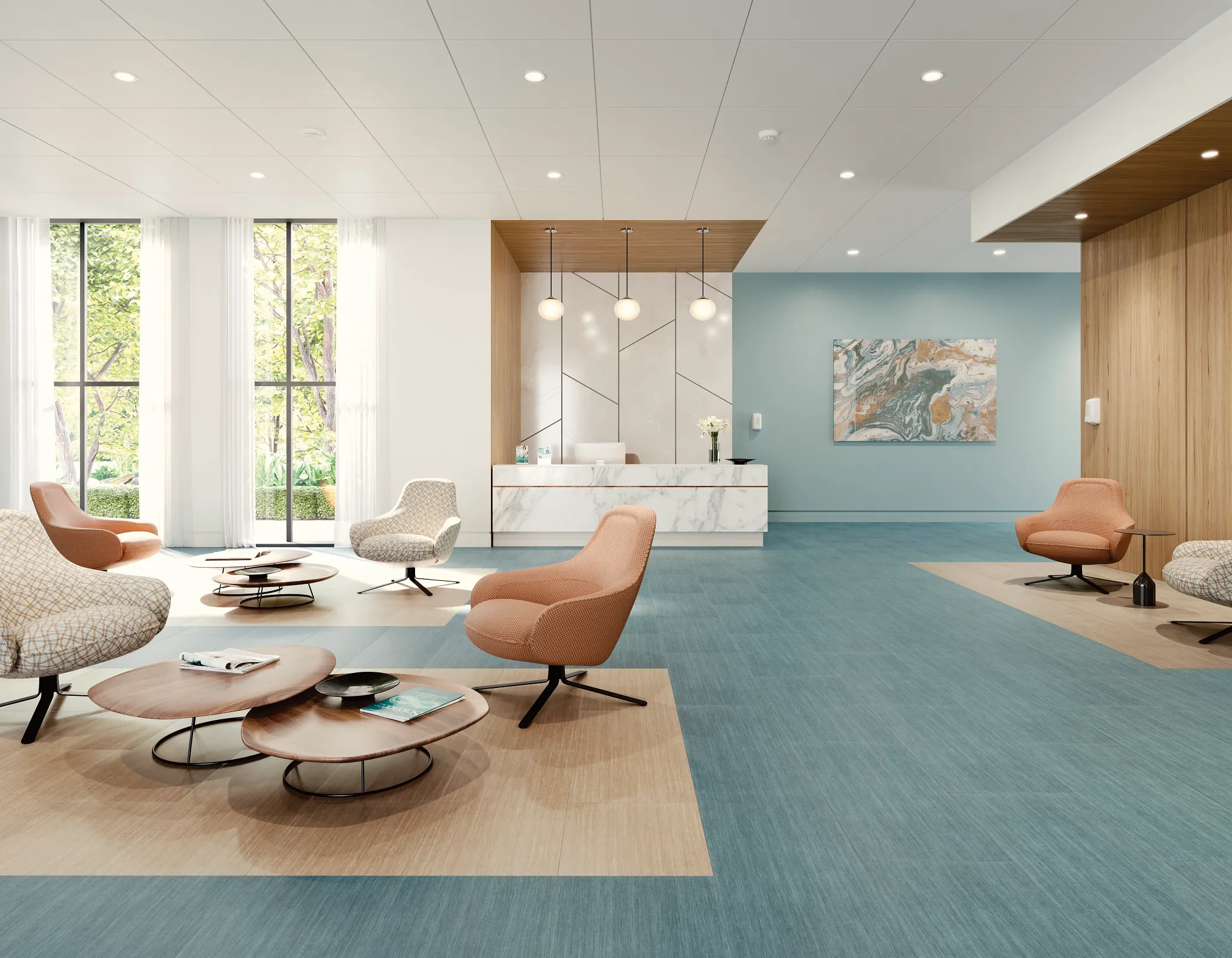 Modern healthcare facility lobby with PVC-Free Commercial Bio-Based Polyurethane Heterogeneous Tile flooring in blue and beige, featuring contemporary seating and a marble reception desk