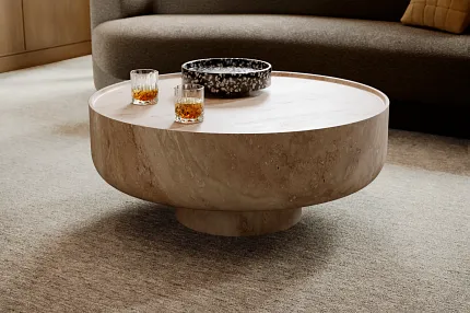 Elegant Living Room with 100% Wool Carpet and Stone Coffee Table Modern living room with a round stone coffee table and 100% wool carpet in neutral tones