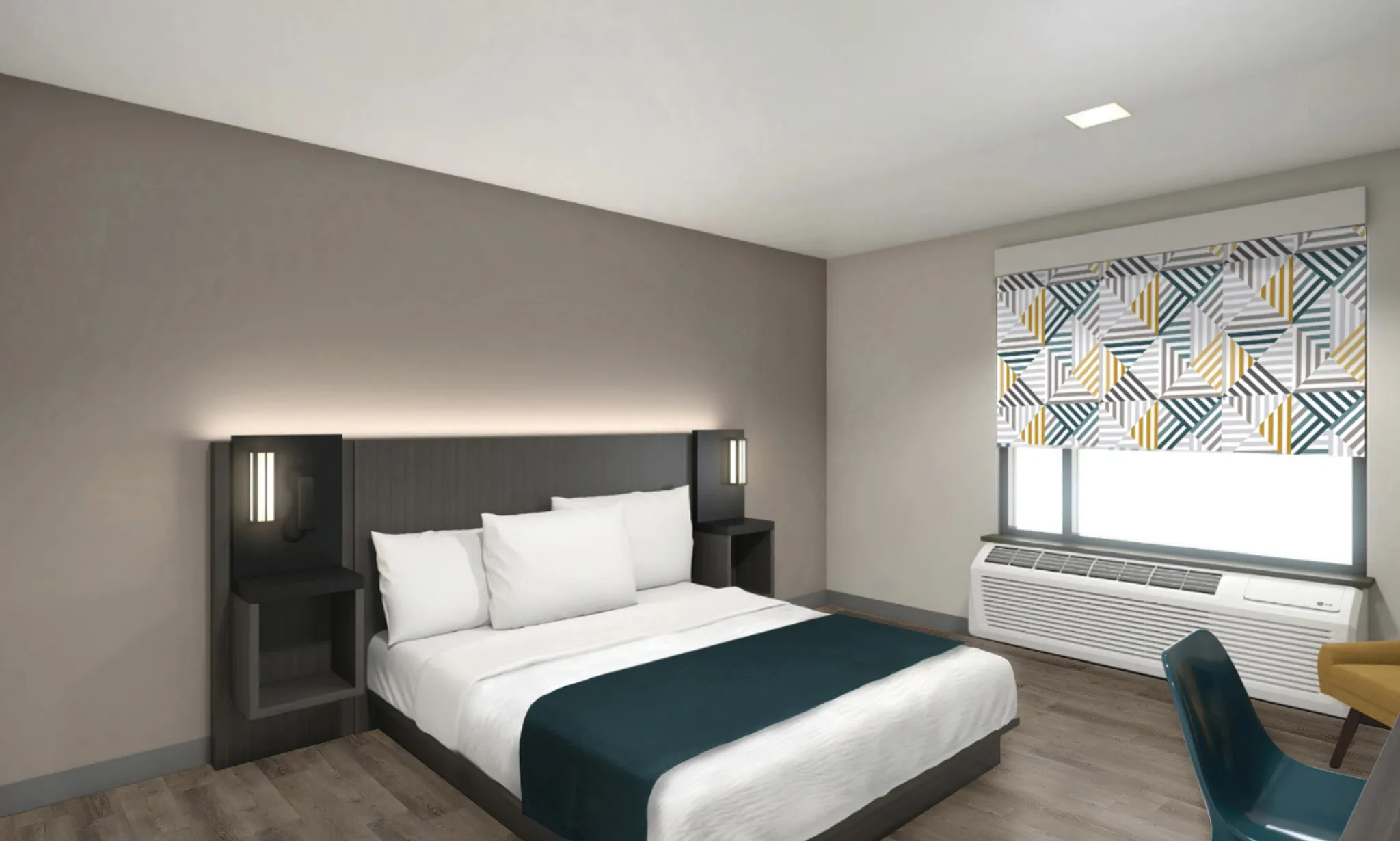 Modern hotel room with a double bed, teal accents, and patterned window blinds, featuring wood-look flooring