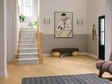 Synthetic Carpet in Modern Living Room Design Modern living room with synthetic carpet on stairs and floor