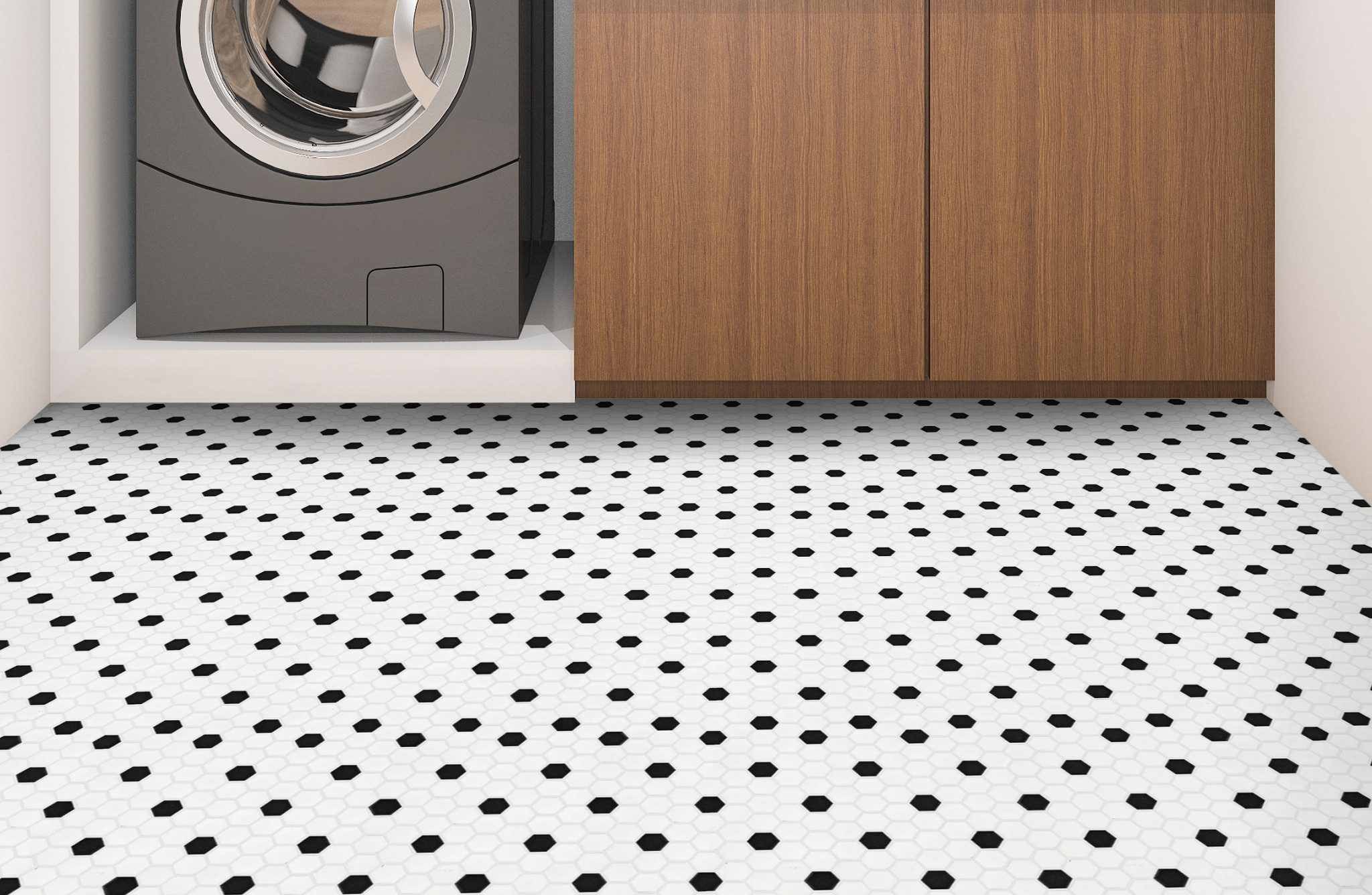 GRANDEUR 1" HEX BLK/WHT MOSAIC WHITE / BLACK ROOM