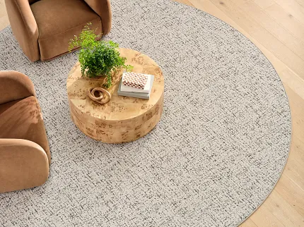 Elegant Homespun Thread rug for contemporary spaces Cozy Layer broadloom style rug in modern living room with wooden coffee table and armchairs
