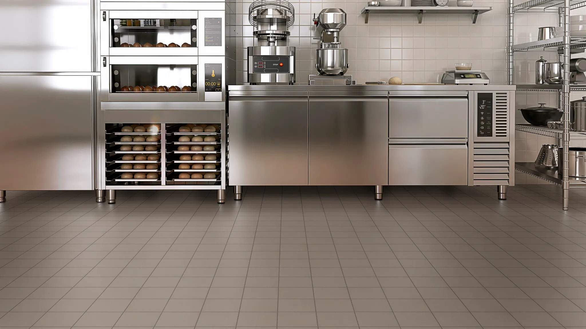 Commercial kitchen with commercial kitchen appliances and quarry tile on the floor