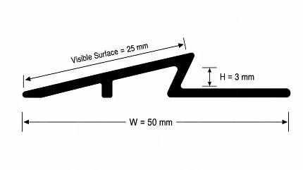 Detailed flooring profile with 25 mm visible surface Flooring profile diagram with dimensions 50 mm width and 3 mm height