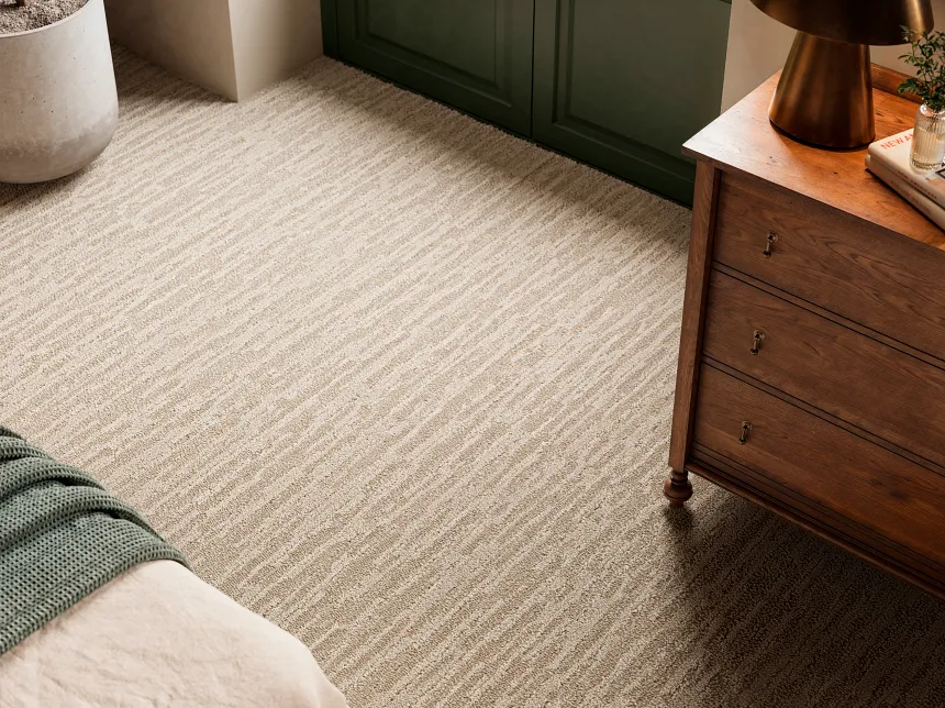 Blue Checkered Carpet and Light Hardwood Flooring Scene Blue and beige checkered carpet with light hardwood flooring and brown shoes