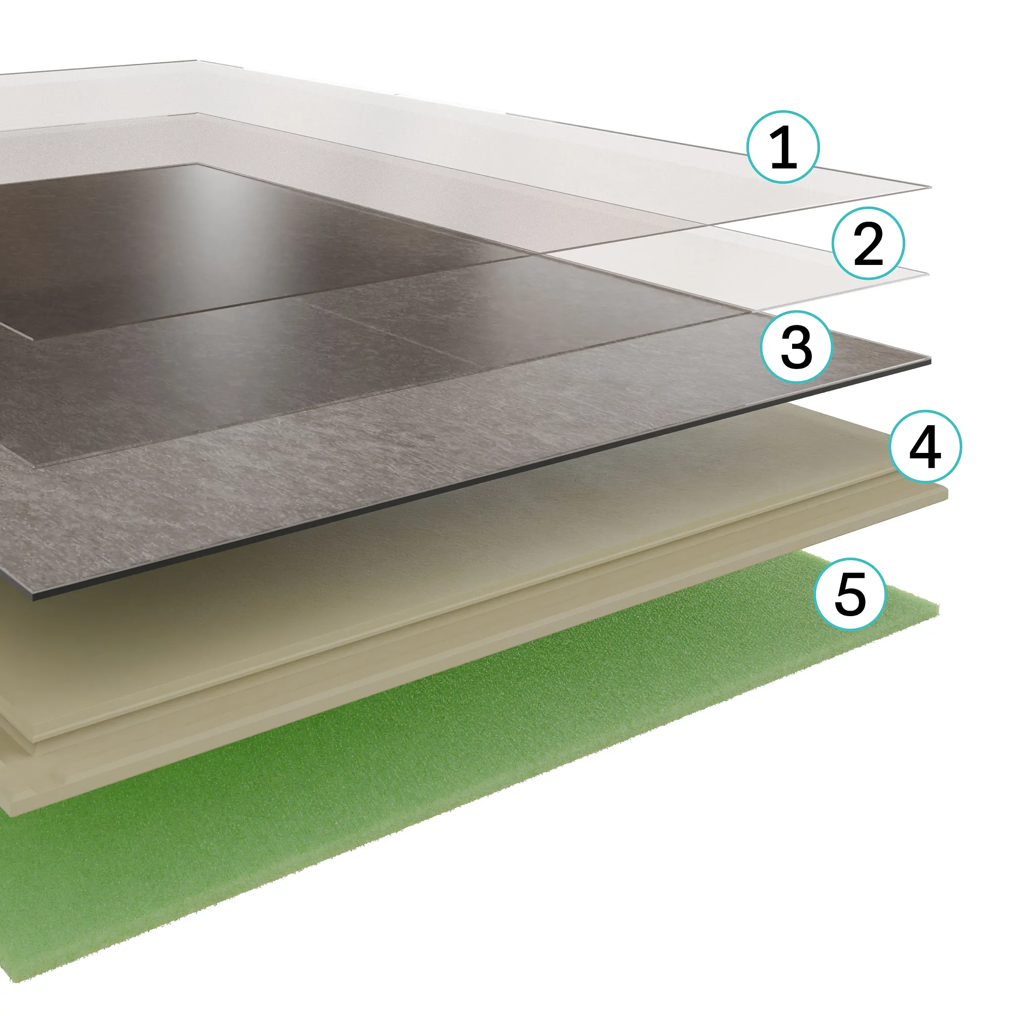 Cross-section of luxury vinyl plank flooring showing multiple layers including a protective wear layer, printed design layer, core layer, and underlayment