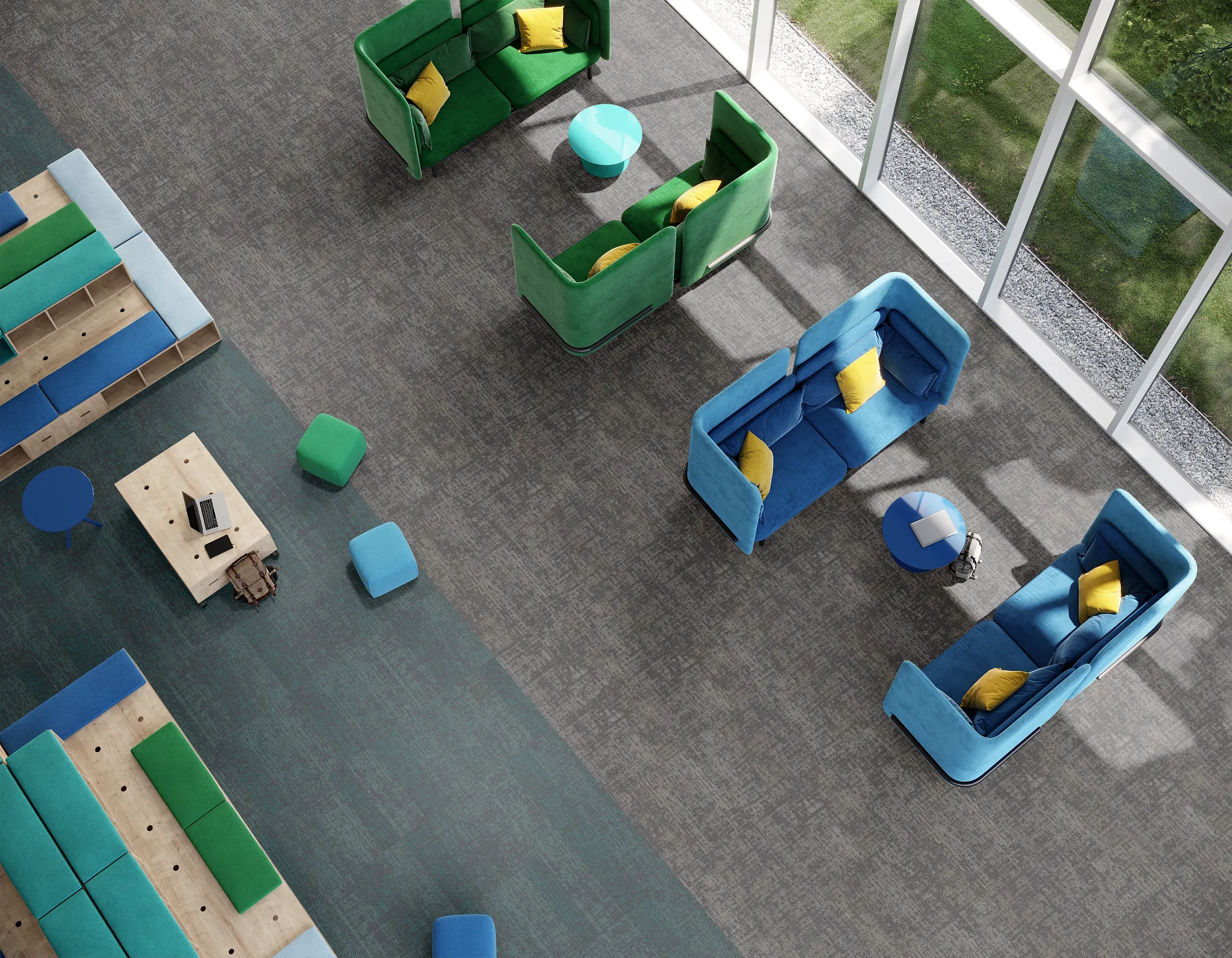 Modern education facility with colorful seating and commercial carpet tile flooring
