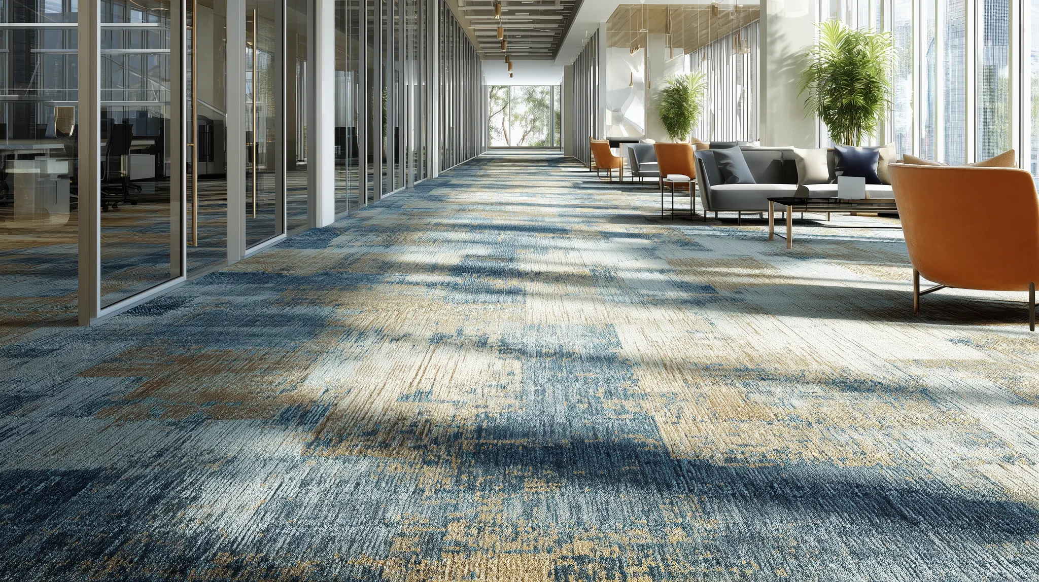 Modern office with geometric patterned carpet in green, blue, and gray