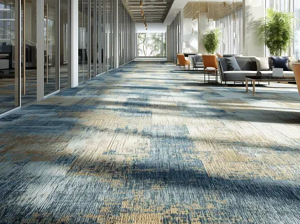 Stylish geometric carpet for contemporary office spaces Modern office with geometric patterned carpet in green, blue, and gray