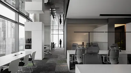 Contemporary Office Space with Commercial Carpet Tile Flooring Modern workplace with commercial carpet tile flooring in shades of gray and green, featuring open office layout with ergonomic chairs and large windows
