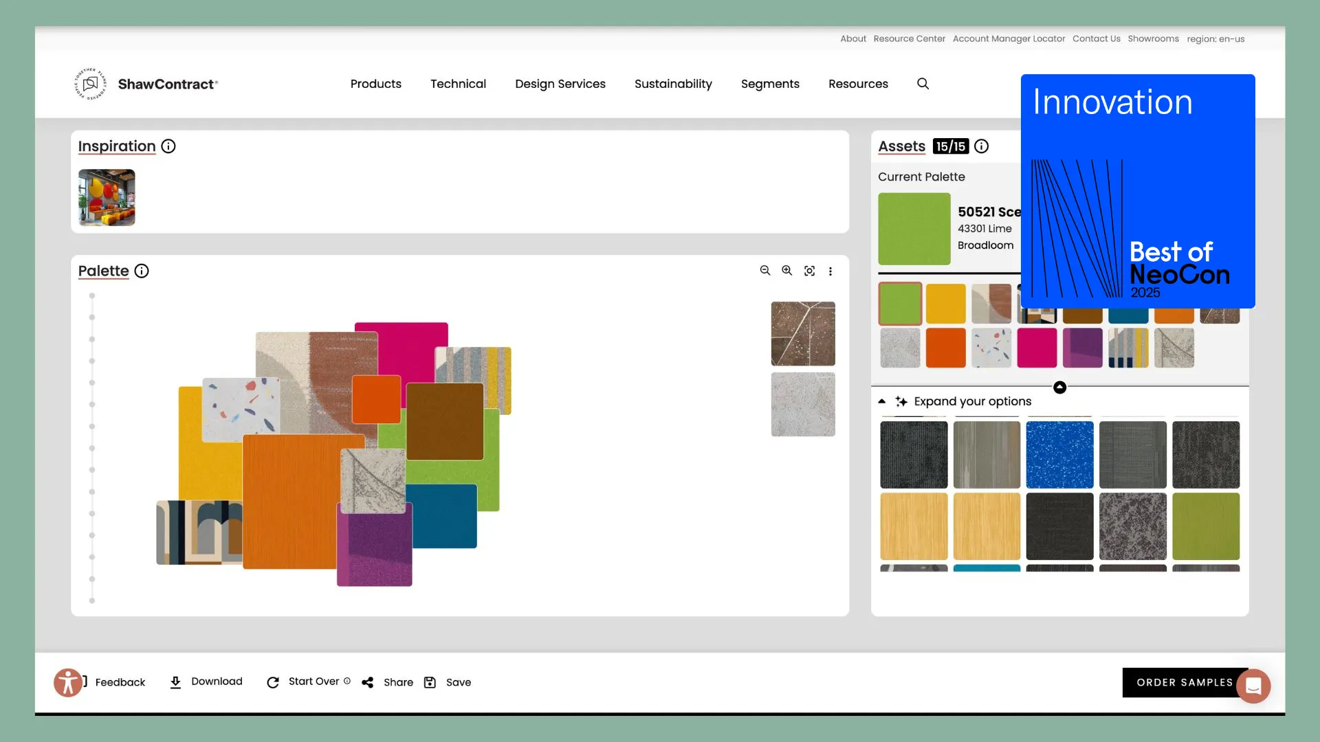 Assorted flooring swatches in vibrant colors including orange, green, blue, and pink