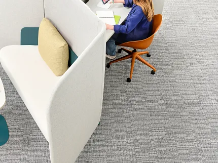 Durable 9x36 inch carpet tile for modern office environments Grey commercial carpet tile in workplace setting with young woman working