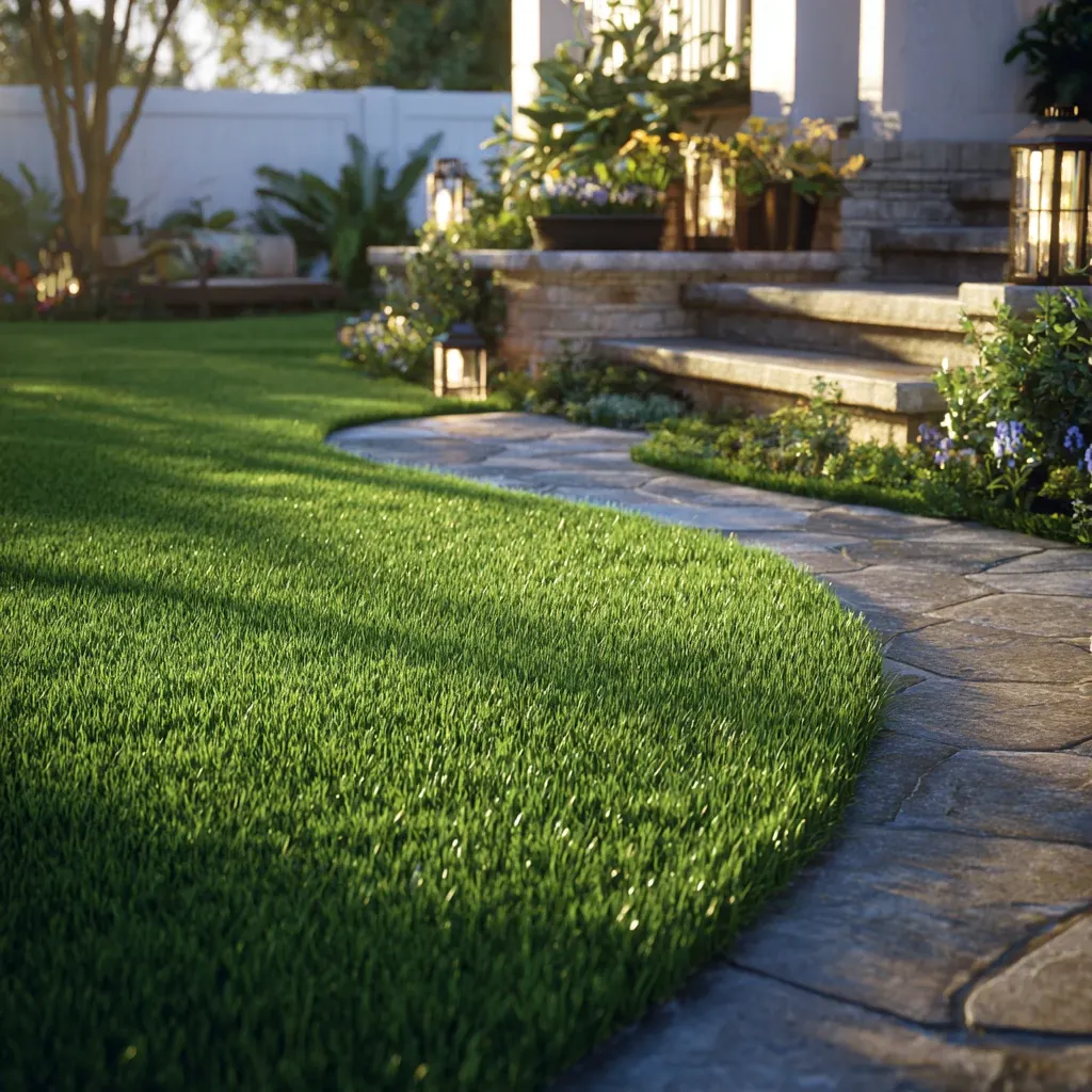 Lush green lawn with stone pathway and garden steps