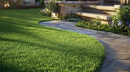 Beautiful garden landscape with vibrant grass and stone accents Lush green lawn with stone pathway and garden steps