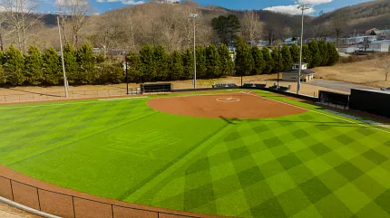 Baseball field with artificial turf and scenic background Aerial view of a baseball field with artificial turf and clear blue sky