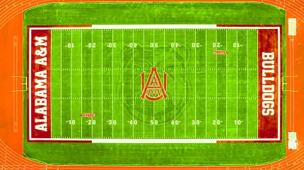 Alabama A&M Bulldogs Artificial Turf Football Field with Running Track Aerial view of Alabama A&M Bulldogs football field with artificial turf and surrounding running track