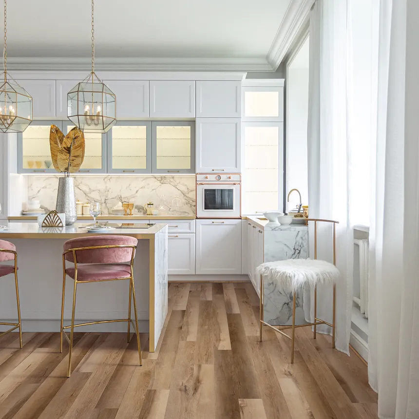 Coretec Residential WPC Luxury Vinyl Plank Flooring in Modern Kitchen Scene kitchen with white cabinets and luxury vinyl plank floor in a wood look with dimensions of 4803x496 inches