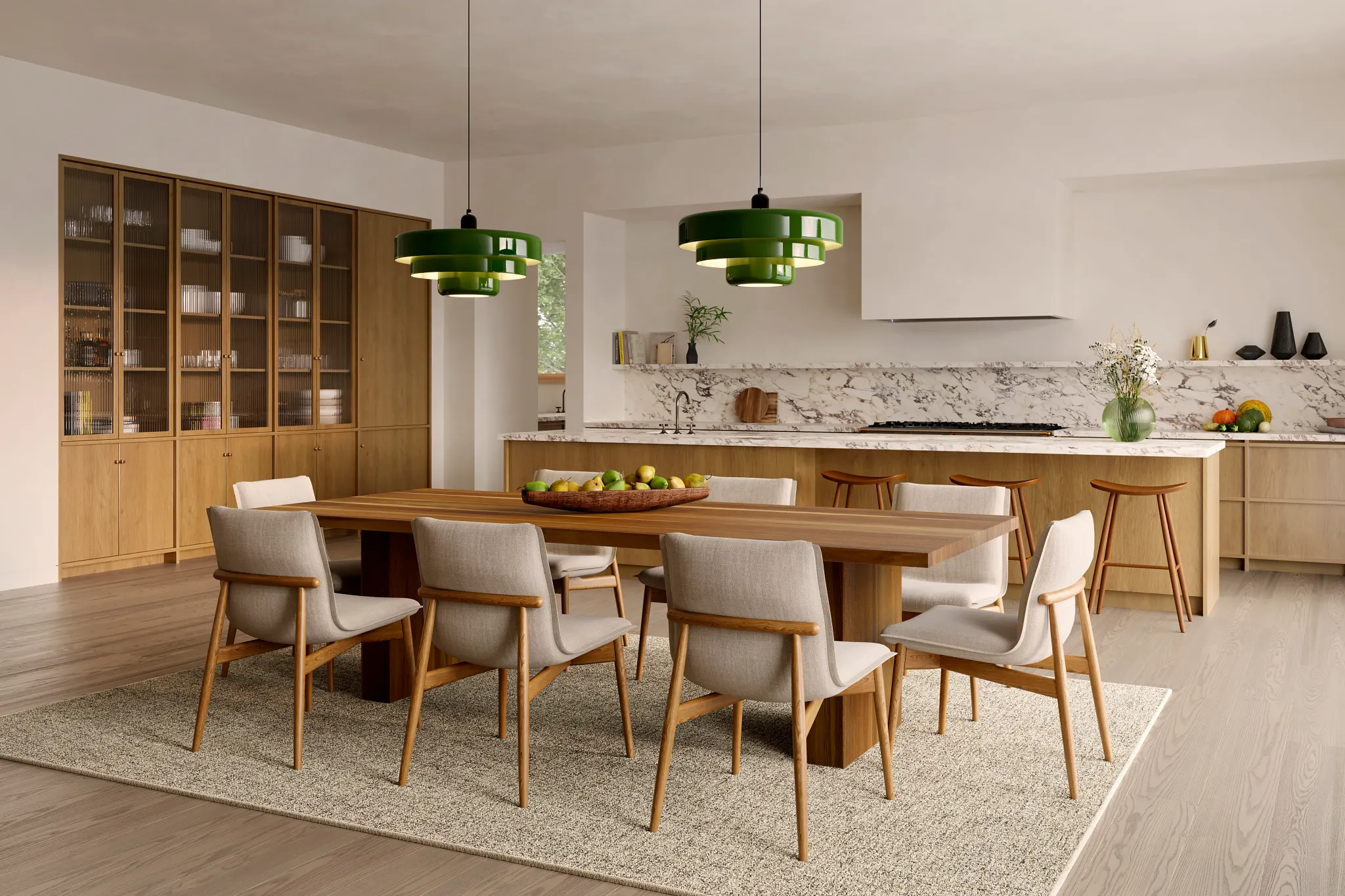 Modern dining room with wooden furniture and 100% wool carpet