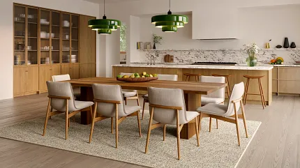 Elegant dining room featuring 100% wool carpet flooring Modern dining room with wooden furniture and 100% wool carpet