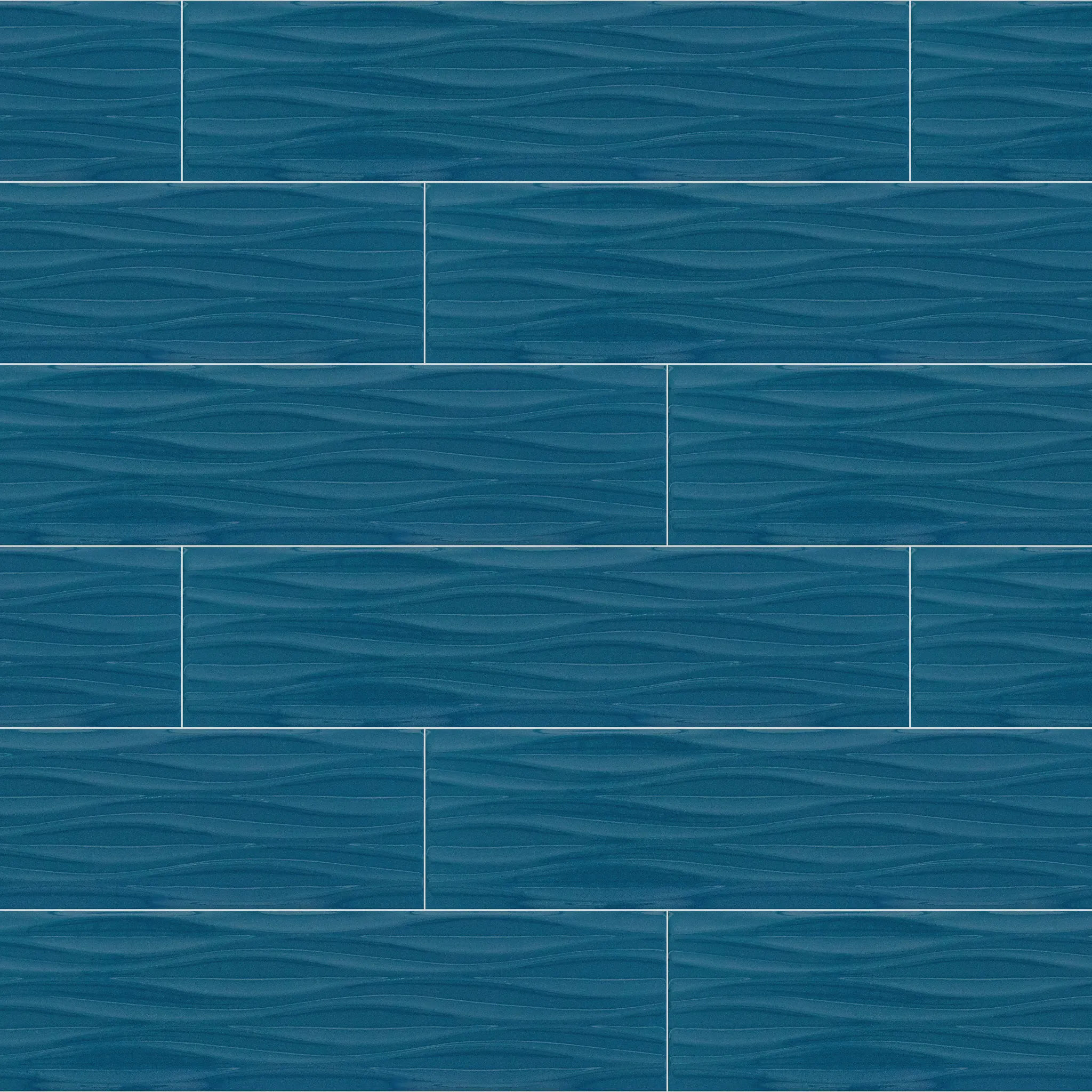 Blue wave-patterned tile flooring with rectangular tiles