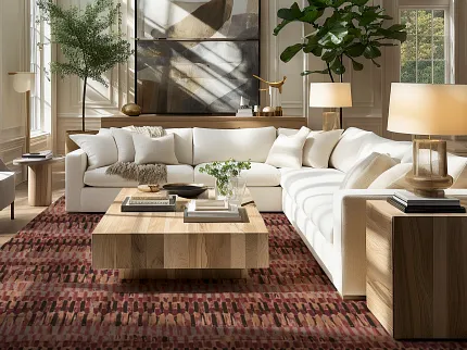 Hospitality room with contemporary design and red patterned carpet flooring Modern living room with large windows, white sectional sofa, wooden coffee table, and red patterned carpet