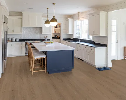 Light Oak Hardwood Flooring in Contemporary Kitchen Design Modern kitchen with light oak hardwood flooring, white cabinetry, and a navy blue island