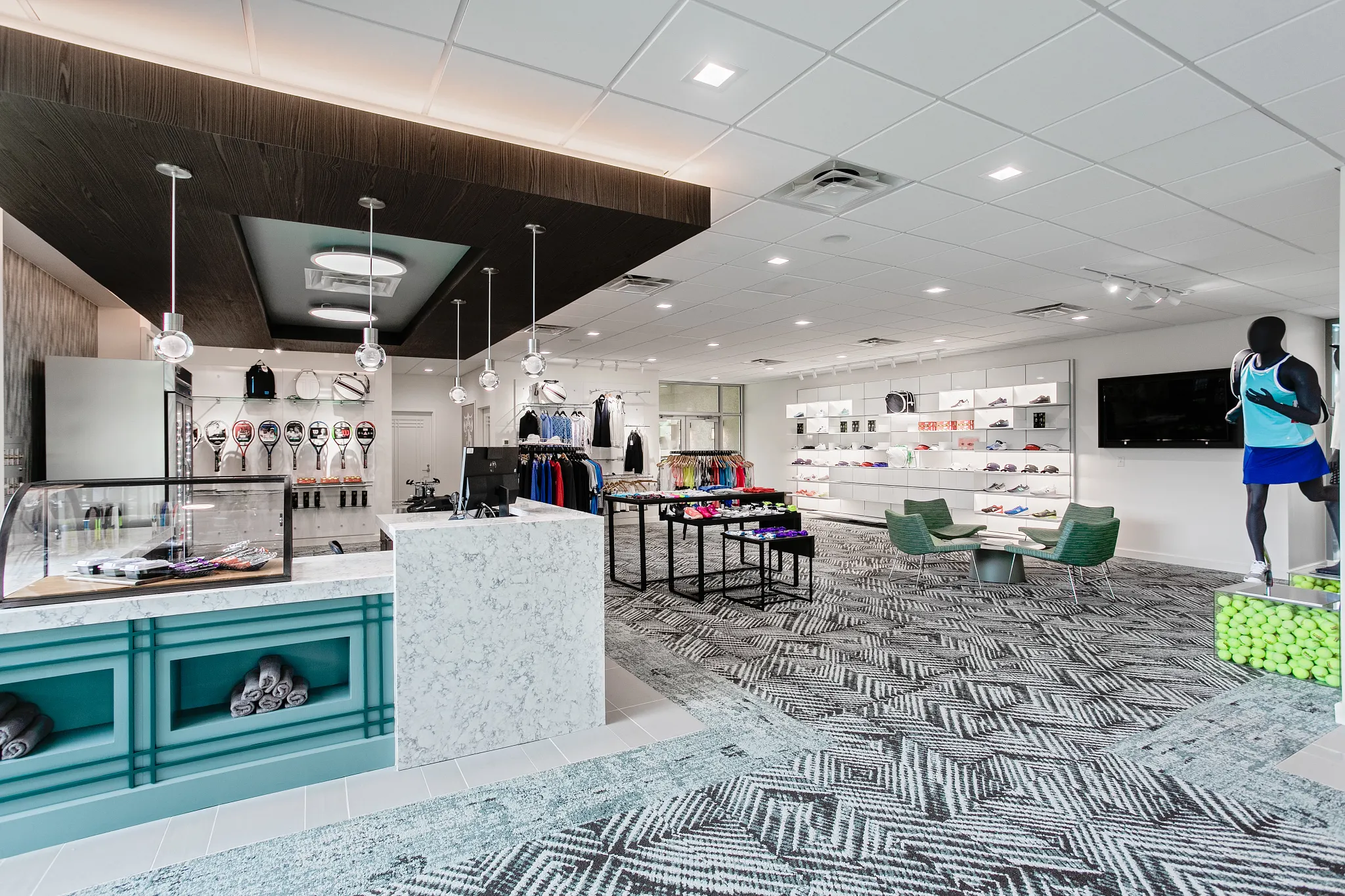 Retail store with patterned carpet tile flooring