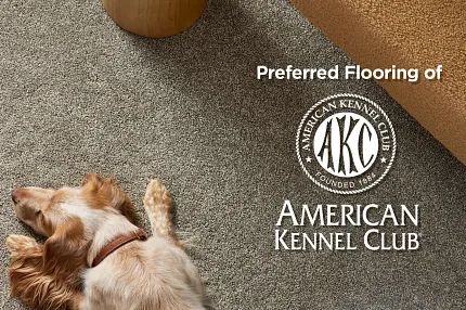 Preferred Flooring of American Kennel Club A golden retriever lays calmly on a beige carpet with a woman who is resting her head on an orange throw pillow. The American Kennel Club logo is visible near them with the text "Preferred Flooring of American Kennel Club"