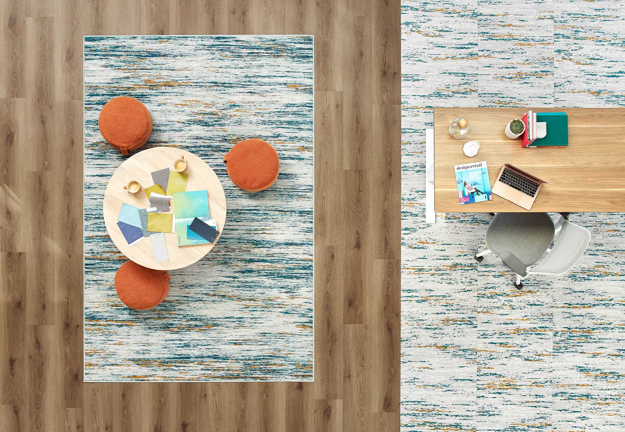 Verve 6×9 FT Rug en el color Vibrance + Zeal Carpet Tile en el color Vibrance-Color + Inlet II en el color Thatch