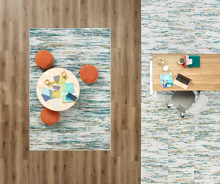 Modern Workspace with Light Wood Flooring and Patterned Area Rug