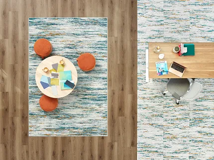 Modern Workspace with Light Wood Flooring and Patterned Area Rug Verve Rug in Vibrance and Zeal Carpet Tile in Vibrance-Color and Inlet II in Thatch