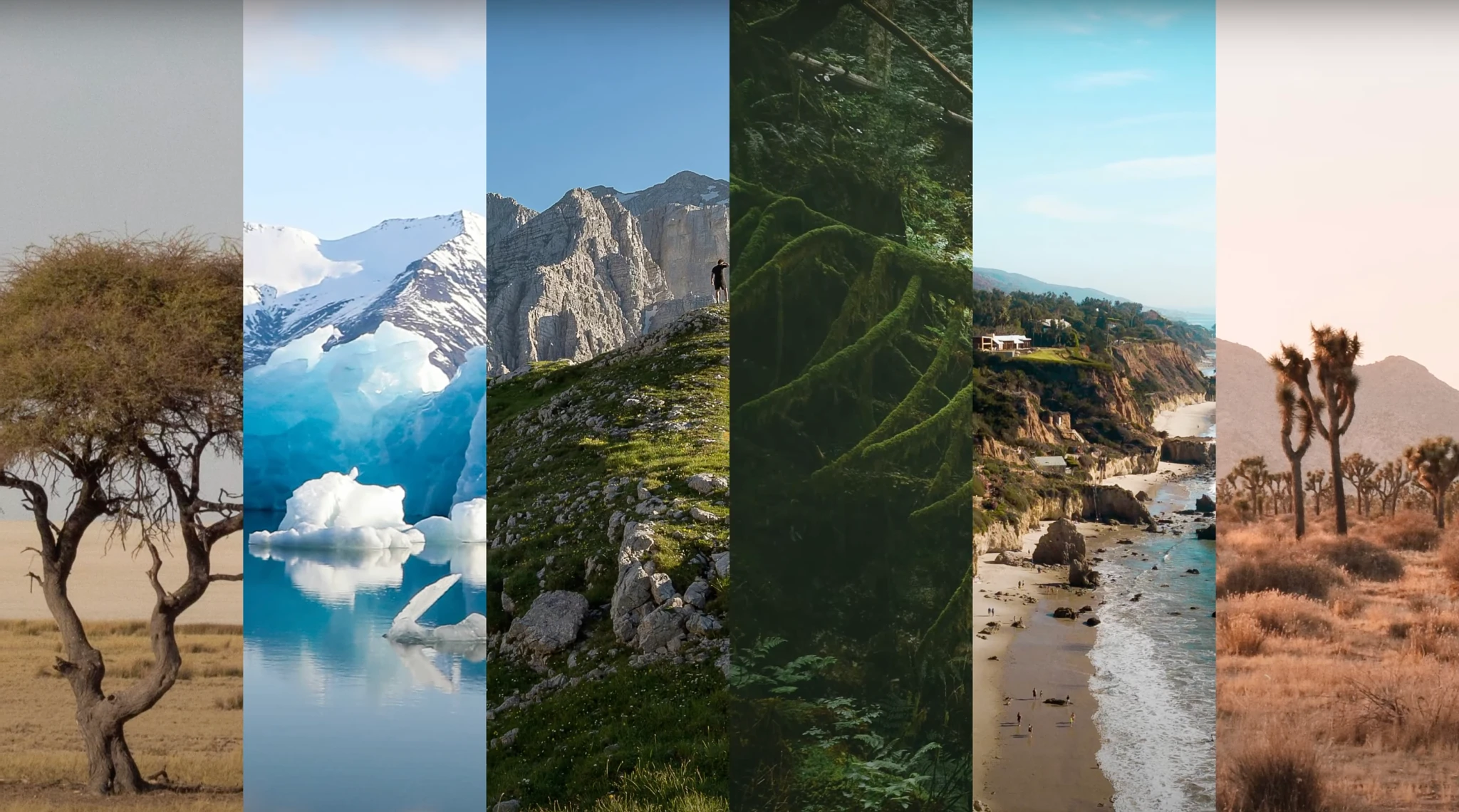 Diverse landscape scenes including desert, glacier, mountain, forest, beach, and desert