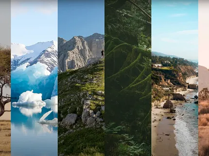 Nature-inspired flooring designs for versatile interiors Diverse landscape scenes including desert, glacier, mountain, forest, beach, and desert