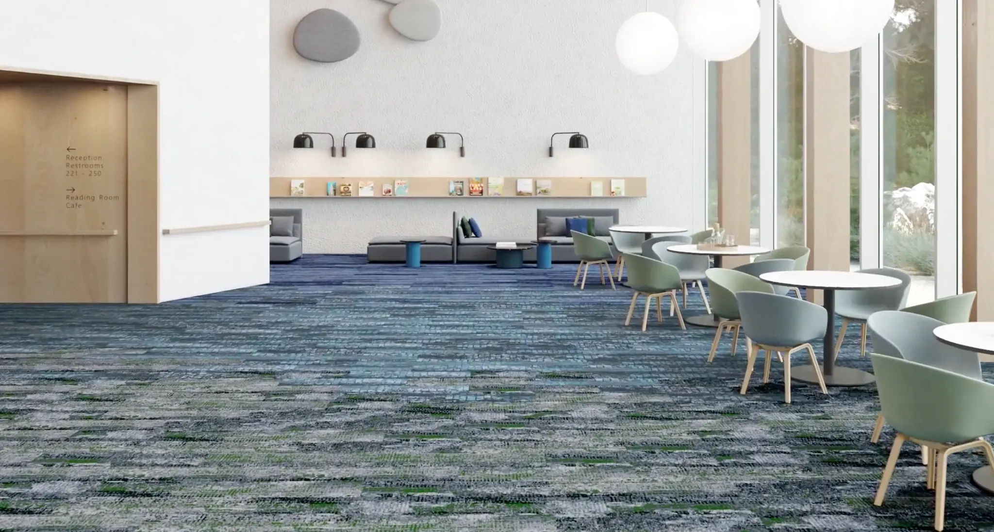 Modern library with blue and green carpet tiles